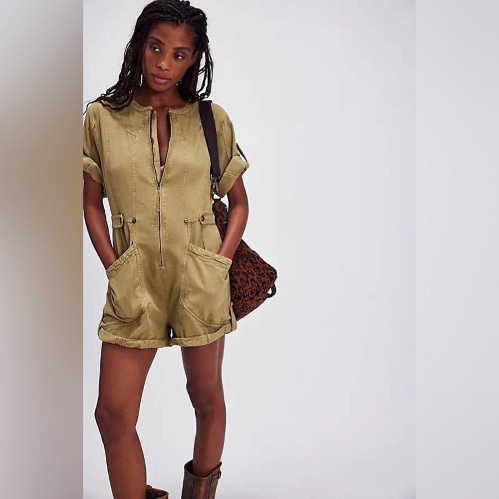 Free People Let's Ride Shortalls in Greyed Olive, Size Large! SOLD OUT ONLINE!
